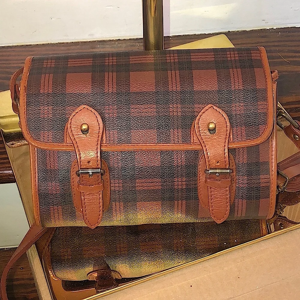 RALPH LAUREN Brown Green Tartan Plaid Rolled Body Crossbody Messenger SaddleBag
